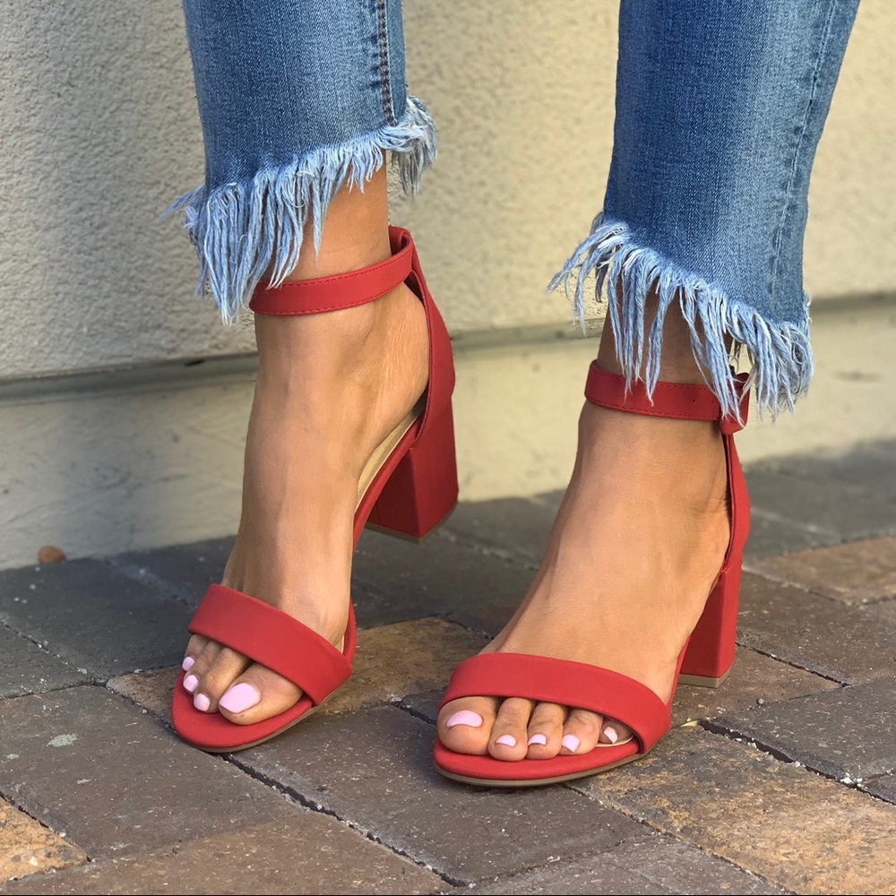 Valentine Red Kitten Heel Ankle Strap Sandals - Picture 3 of 7